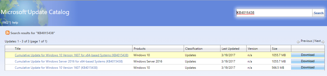 Descargue manualmente la actualización KB4015438 del Catálogo de actualizaciones de Microsoft