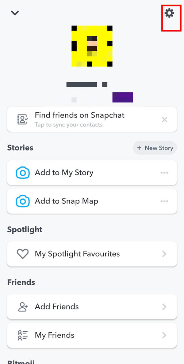 toque el ícono de Configuración disponible en la esquina superior derecha.  |  Cómo anular la adición de personas en Snapchat