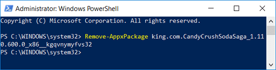 Comando para eliminar Candy Crush Soda Saga de Windows 10
