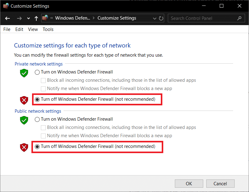 Haga clic en Desactivar Firewall de Windows Defender (no recomendado) |  Solucionar el error de actualización de Windows 10 0x8007042c