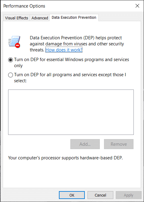 De forma predeterminada, DEP está activado para los programas y servicios esenciales de Windows.