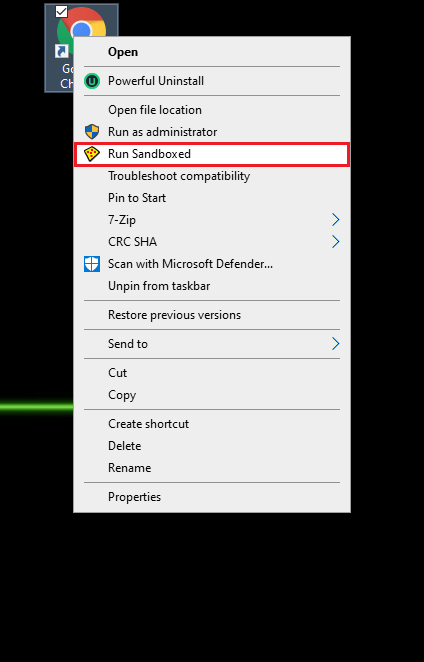 ejecute su navegador de Google en una caja de arena.  Haga clic con el botón derecho en Google Chrome y toque 'Ejecutar sandboxed'.