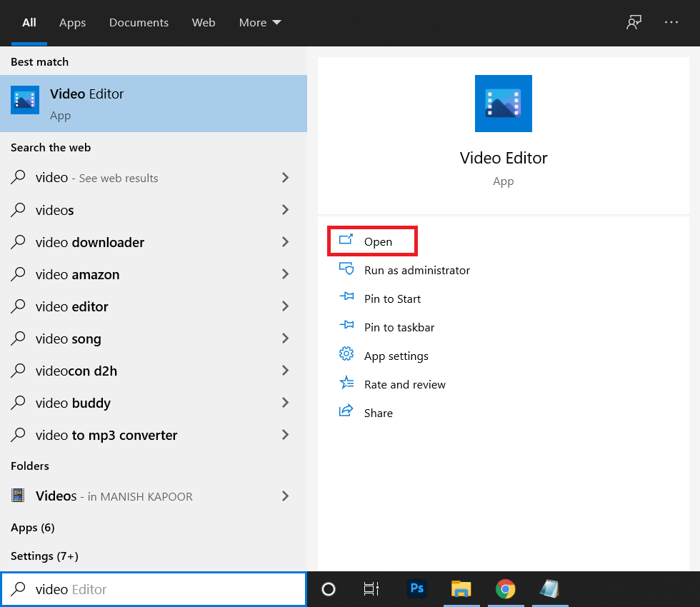 escriba Video Editor y presione enter para abrir la aplicación |  ¿Cómo quitar audio de video en Windows 10?