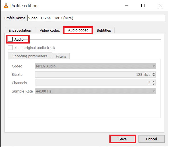 Vaya a la pestaña Códec de audio ahora y desmarque la casilla junto a Audio.  Haga clic en Guardar.