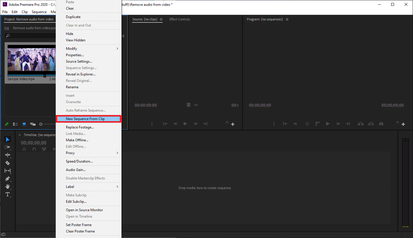 haga clic y arrastre el archivo en la línea de tiempo o haga clic derecho sobre él y seleccione Nueva secuencia del clip.