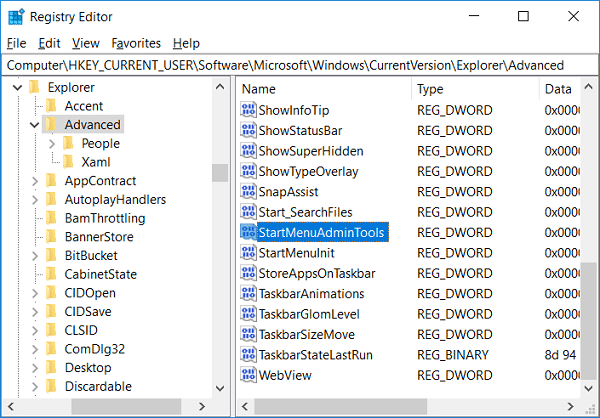 Seleccione Avanzado y luego, en el panel derecho de la ventana, haga doble clic en StartMenuAdminTools