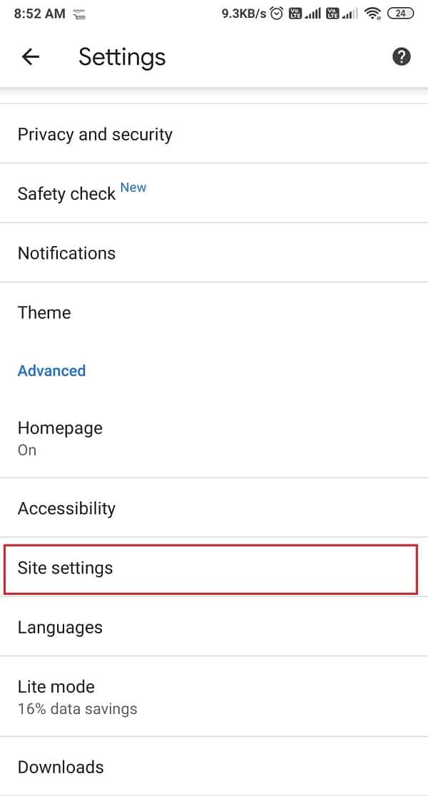 Haga clic en la configuración del sitio