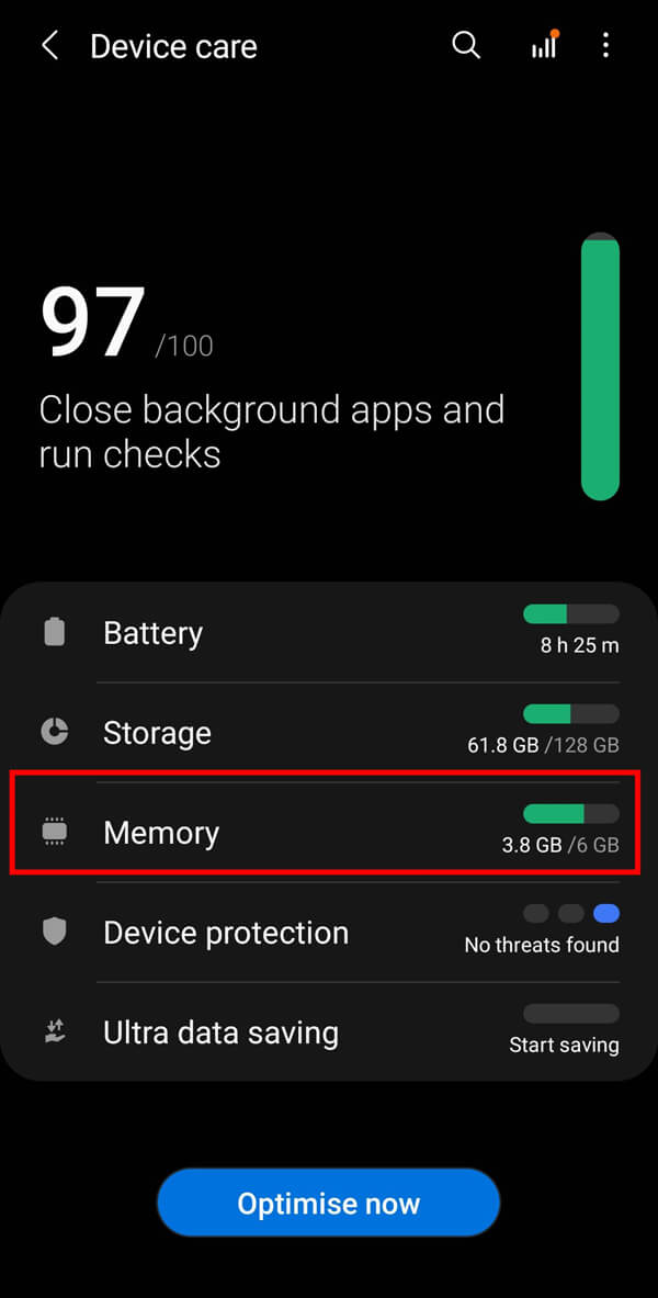 Ahora, toque la opción Memoria de la lista dada.  |  Cómo liberar almacenamiento interno en dispositivos Android