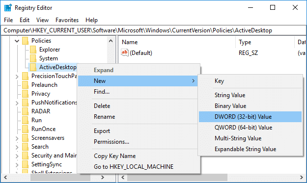 Haga clic derecho en ActiveDesktop y luego seleccione Nuevo y valor DWORD (32 bits)