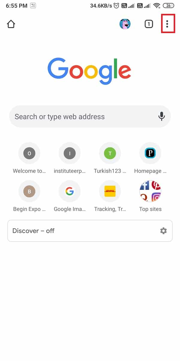 Abra Google Chrome en su teléfono Android Toque los tres puntos verticales
