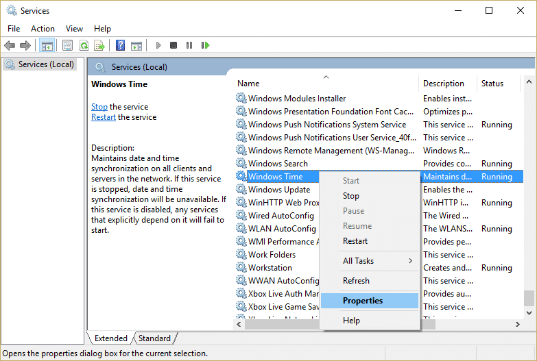 Haga clic con el botón derecho en Servicio de hora de Windows y seleccione Propiedades