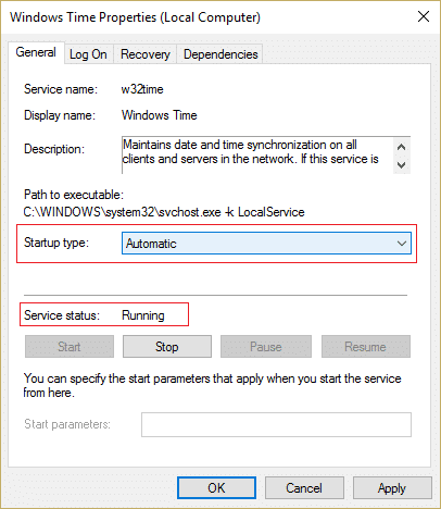 Asegúrese de que el tipo de inicio del Servicio de hora de Windows sea Automático y haga clic en Iniciar si el servicio no se está ejecutando