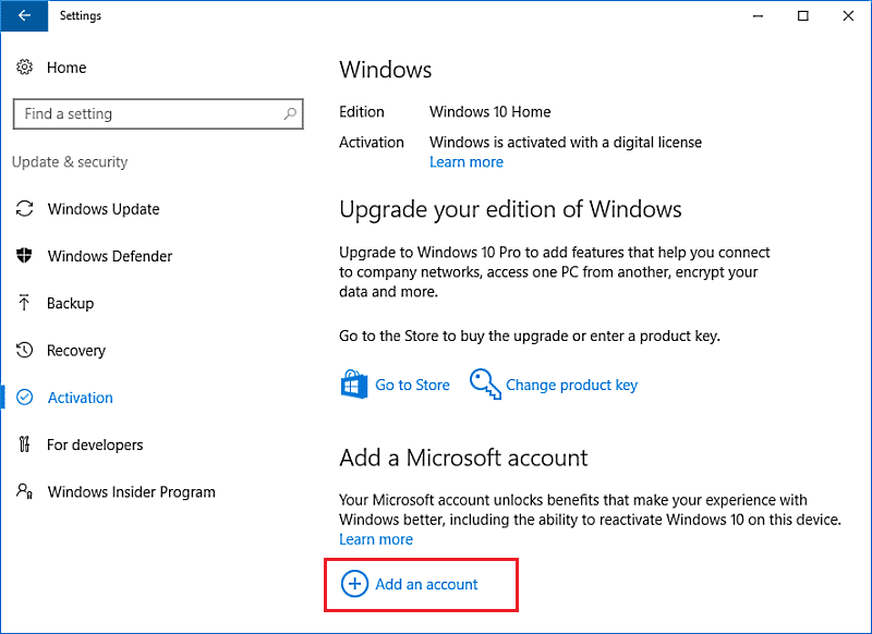 Haga clic en Agregar una cuenta en Agregar una cuenta de Microsoft