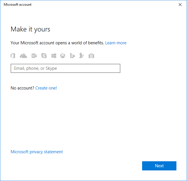 Ingrese la dirección de correo electrónico de su cuenta de Microsoft y luego haga clic en Siguiente