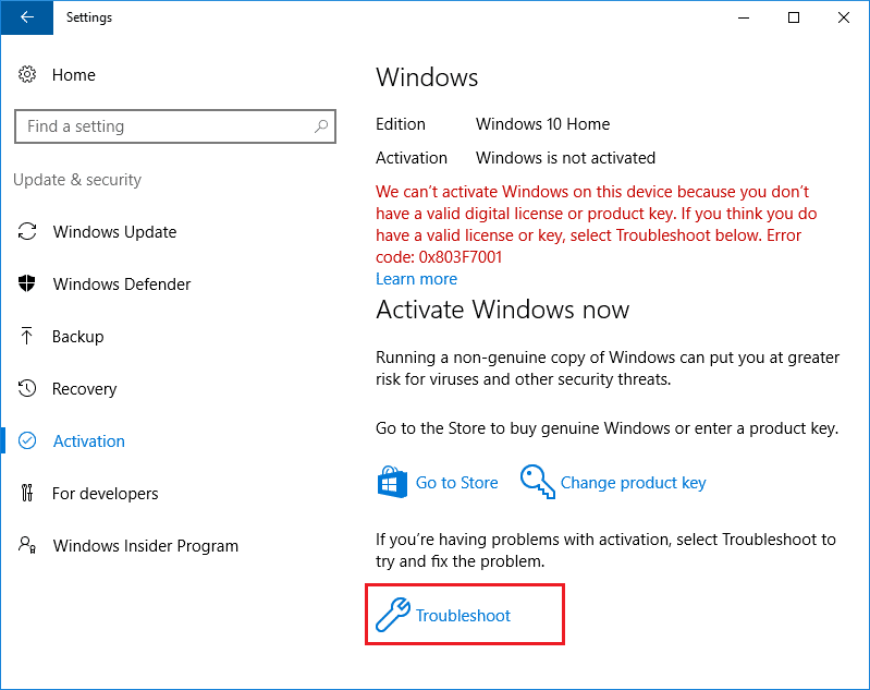Verá este mensaje Windows no está activado, luego haga clic en el enlace Solucionar problemas