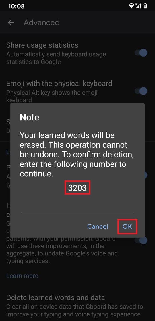Escriba el número dado y toque Aceptar |  Cómo eliminar palabras aprendidas de su teclado en Android