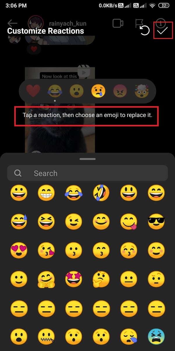 Seleccione el Emoji de la lista emergente predeterminada que desea reemplazar.  |  Reacciona a los mensajes de Instagram con emojis personalizados