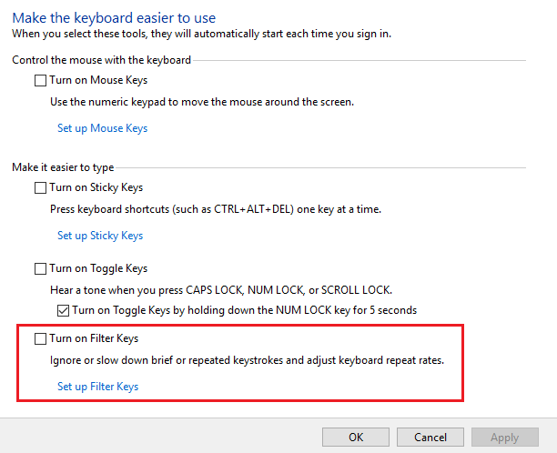 desmarque activar las teclas de filtro |  Arreglar el teclado que no funciona en Windows 10