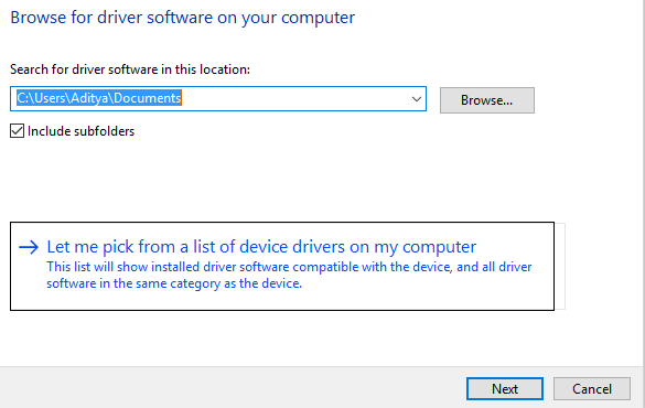 déjame elegir de una lista de controladores de dispositivos en mi computadora