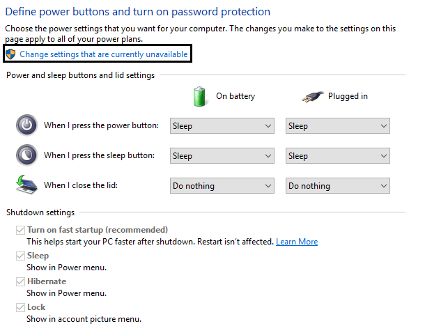 cambiar la configuración que actualmente no está disponible