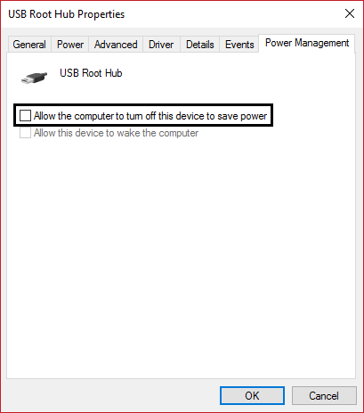 permita que la computadora apague este dispositivo para ahorrar energía concentrador raíz USB