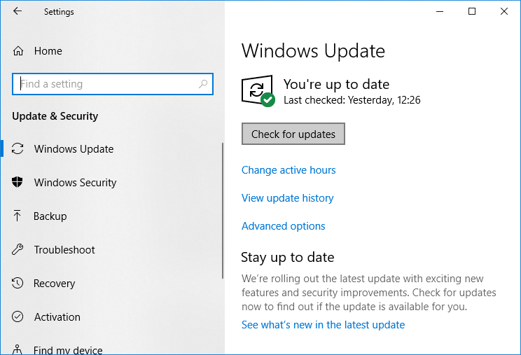 Buscar actualizaciones de Windows |  Arreglar la configuración de Windows 10 no se abre