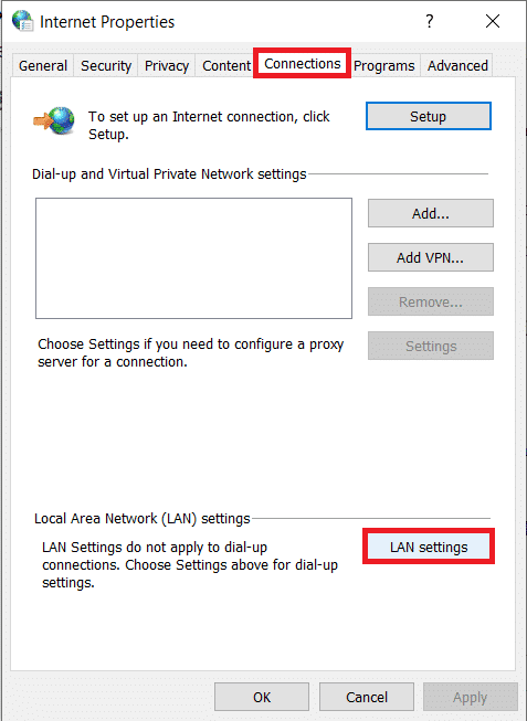 Vaya a la pestaña Conexiones y haga clic en el botón Configuración de LAN |  Arreglar el código de error de la tienda de Windows 0x803F8001