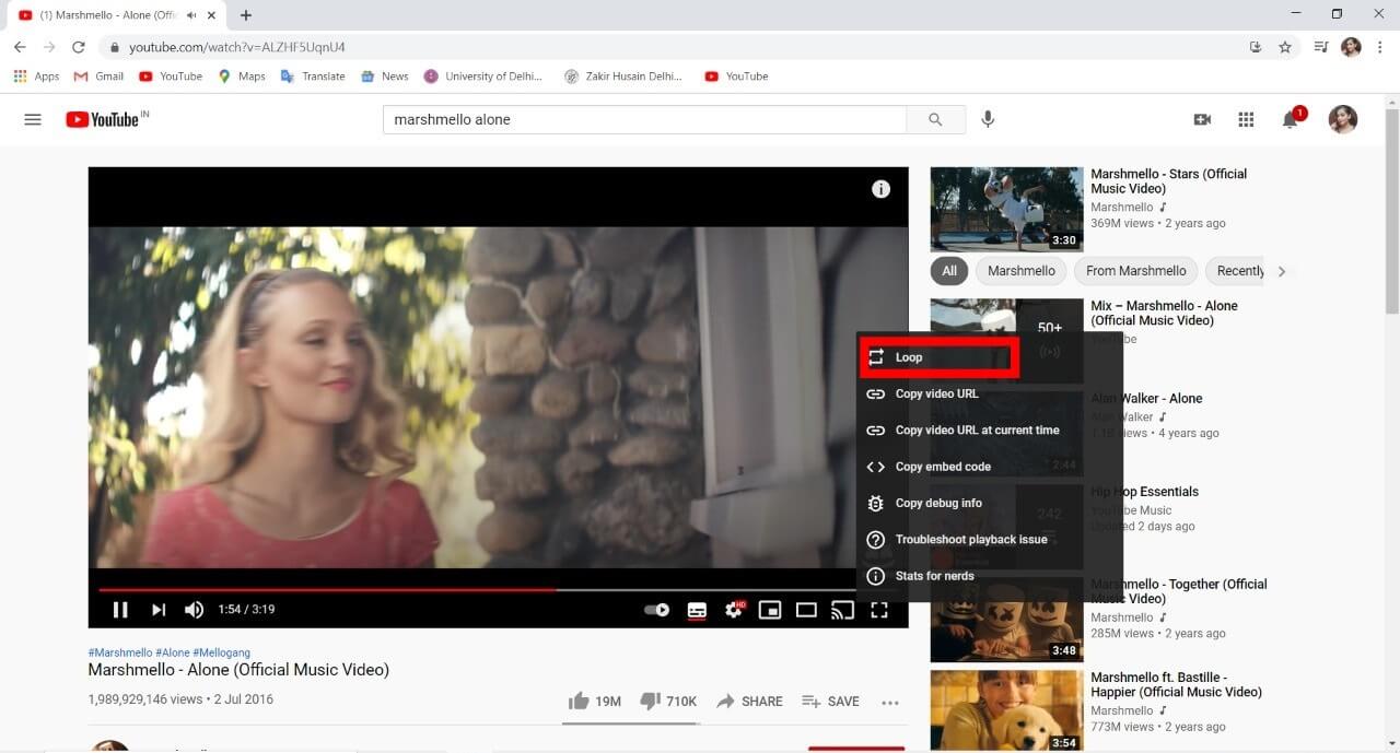 Haga clic derecho en el video y seleccione Bucle de las opciones disponibles |  ¿Cómo poner un video de YouTube en Repetir?