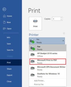 Seleccione Microsoft Imprimir a PDF |  Cómo imprimir cuando no tienes una impresora