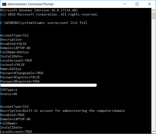 lista de cuentas de usuario de wmic vista completa de detalles de todas las cuentas de usuario