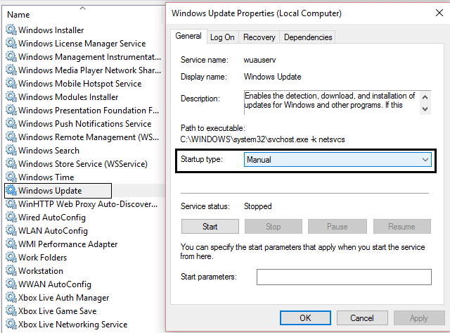 establecer el tipo de inicio de actualización de Windows en manual