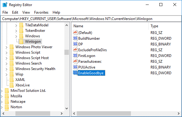 Nombre este DWORD recién creado como EnableGoodbye y presione Enter |  Cómo usar el bloqueo dinámico en Windows 10