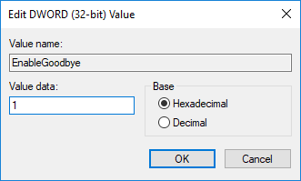 Cambie el valor de EnableGoodbye a 1 para habilitar Dynamic Lock