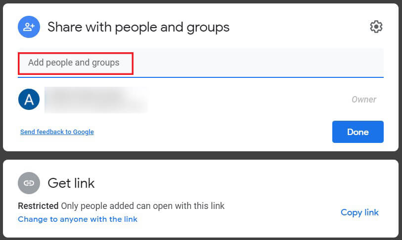 Escriba el nombre de la cuenta en la sección titulada Agregar grupos o personas |  Cómo mover archivos de una unidad de Google a otra