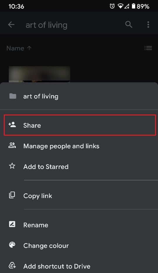 De la lista, toque Compartir |  Cómo mover archivos de una unidad de Google a otra