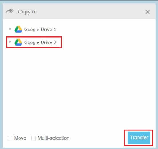 Haga clic en Google Drive 2 (su cuenta secundaria) y luego haga clic en transferir |  Cómo mover archivos de una unidad de Google a otra