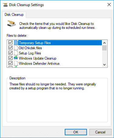 Marque o desmarque los elementos que desea incluir o excluir de Extended Disk Clean up