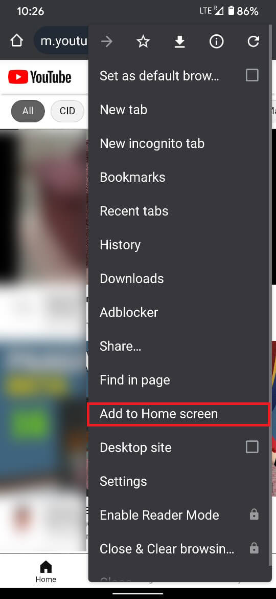 Toque la opción 'Agregar a la pantalla de inicio'.  |  Cómo bloquear anuncios de YouTube en Android