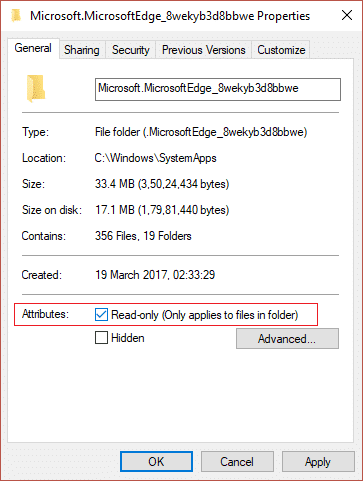 Asegúrese de marcar Atributo de solo lectura para la carpeta Microsoft Edge