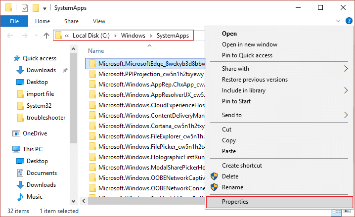 Haga clic derecho en la carpeta Microsoft Edge en SystemApps |  Cómo desinstalar Microsoft Edge en Windows 10