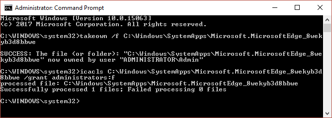 Tome permiso de la carpeta Microsoft Edge usando el comando takeown e icacls en cmd