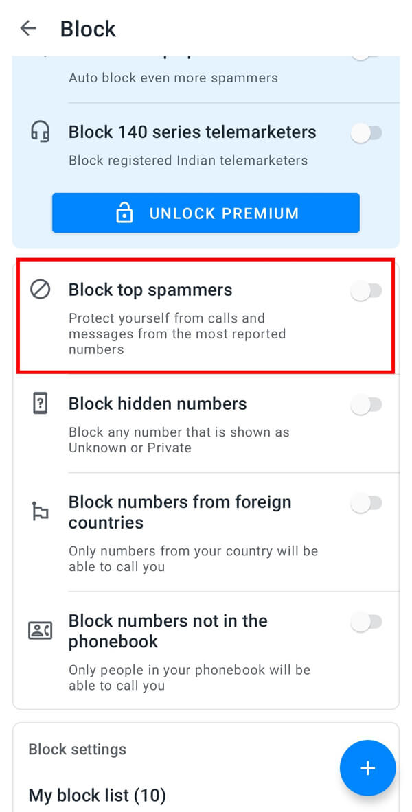 puede seleccionar Bloquear a los principales spammers para bloquear las llamadas de spam
