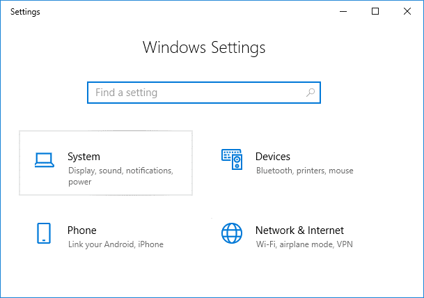 Presione la tecla de Windows + I para abrir Configuración y luego haga clic en Sistema |  Cómo cambiar al modo tableta en Windows 10