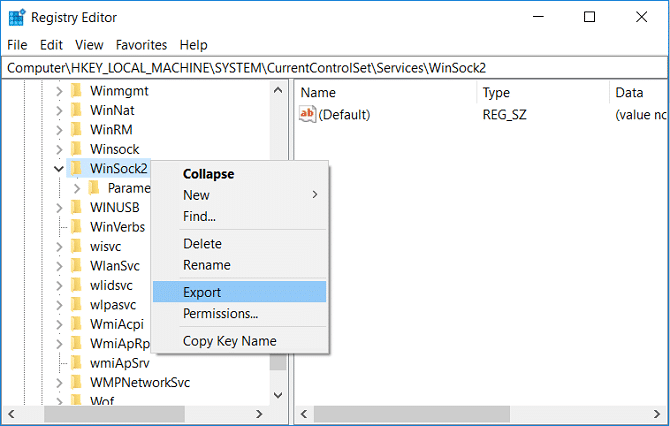 Haga clic derecho en WinSock2 y luego seleccione Exportar |  Repare las entradas de registro de sockets de Windows necesarias para la conectividad de red que faltan