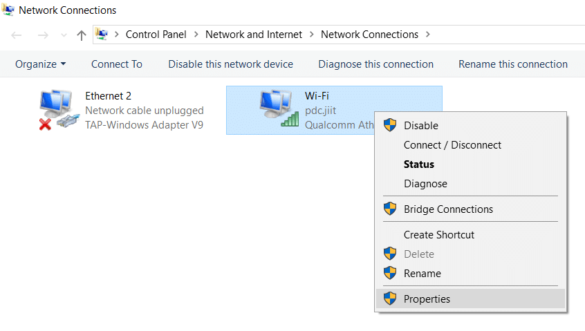 Haga clic derecho en esa conexión de red (WiFi) y seleccione Propiedades