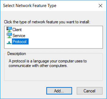 En la ventana 'Seleccionar tipo de función de red', seleccione Protocolo y haga clic en Agregar