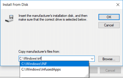 En Copiar archivos del fabricante desde el campo, escriba la dirección de la carpeta INF de Windows