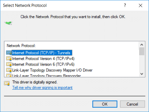Seleccione Protocolo de Internet (IP TCP) – Túneles y haga clic en Aceptar |  Repare las entradas de registro de sockets de Windows necesarias para la conectividad de red que faltan