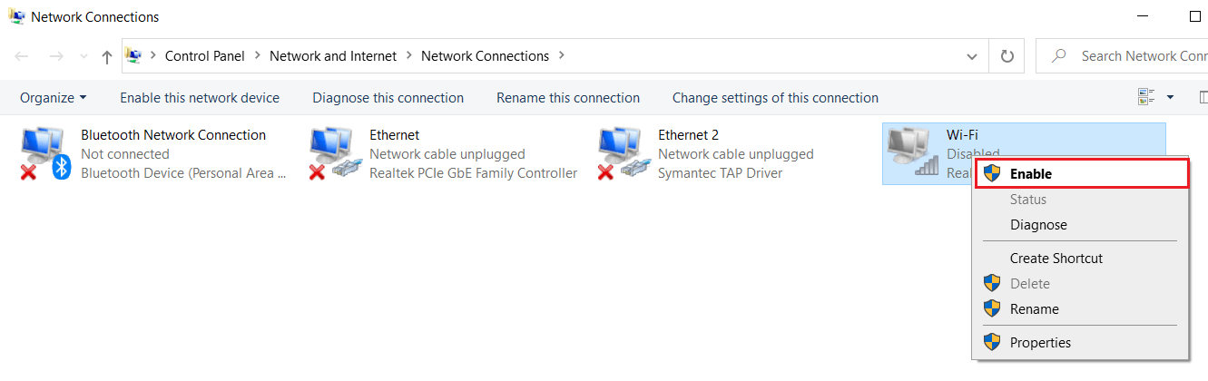 Haga clic derecho en el mismo adaptador y esta vez elija Habilitar |  Repare las entradas de registro de sockets de Windows necesarias para la conectividad de red que faltan