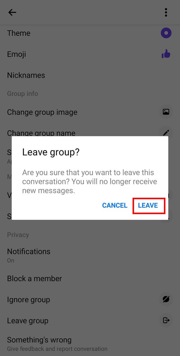 toque el botón Salir para salir del grupo |  Cómo salir de un chat grupal en Facebook Messenger